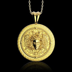 Yellow Gold Plated Gorgon Medusa Men&#39;s Necklace, Ancient Greek Mythology Medusa Pendant, Gift for Him, Ancient Greek Symbol, Pendant Only