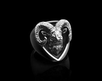 Antique Sterling Silver Big Horned Ram Ring, Animal Ring for Men, Goat Ring, Baphomet Animal Ring, Men Jewelry, Horoscope Ring, Aries Zodiac
