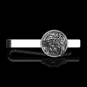 Sterling Silver Christ Jesus Tie Bar Clip, Jesus Mens Gift, Religious, Dad Gift, Men Suit Accessories, Tie Clip for Men, Gift For Godfather