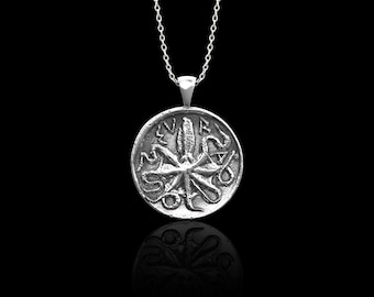 Sterling Silver Ancient Octopus Coin Pendant Necklace, Greek Octopus Silver Necklace, Ancient Double Sided Medallion Necklace, Pendant Only