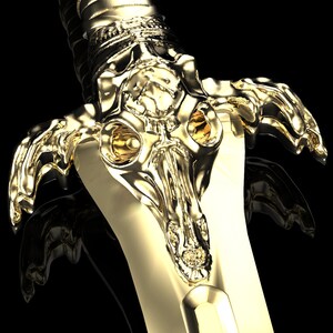 May include: A gold-coloured sword with a detailed, skull-like hilt. The hilt is intricately designed with a textured surface and features two large, round, yellow eyes.
