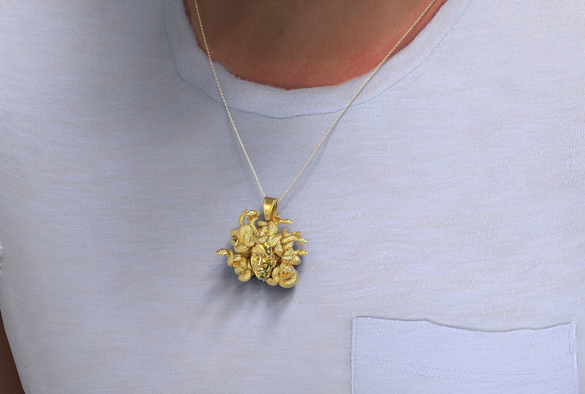 Pendentif Tête De Méduse En Or Jaune 18 Carats – Onyx, Neuf Avec étiquettes, Fabriqué En Italie