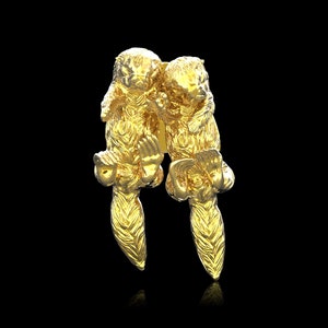 18K Gold Plated Otters Lapel Pin, Sea Otter Brooch, Cute Pair Of Otters Wildlife Badge, Sea Life And Nautical Beach jewelry,Suit Accessories