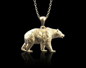 Bronze Grizzly Bear Walking Solid Pendant, Wild Bear Charm Necklace, Nordic Bear Pendant, Animal Jewelry, Gift For Him, Pendant Only
