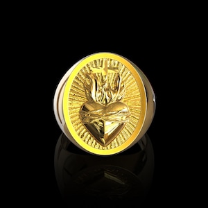 18K Yellow Gold Plated Flaming Sacred Heart of Jesus Solid Ring, Cross Signet Burning Heart Ring, Jesus Flaming Heart Ring, Catholic Jewelry