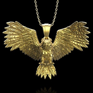 18K Gold Plated 3D Winged Owl Pendant Necklace, Owl Silver Men Jewelry, Owl Charm, Wild Animal Jewelry, Flying Owl Men Gift, Pendant Only