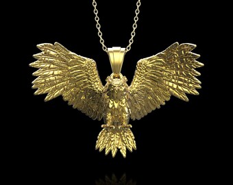 18K Gold Plated 3D Winged Owl Pendant Necklace, Owl Silver Men Jewelry, Owl Charm, Wild Animal Jewelry, Flying Owl Men Gift, Pendant Only