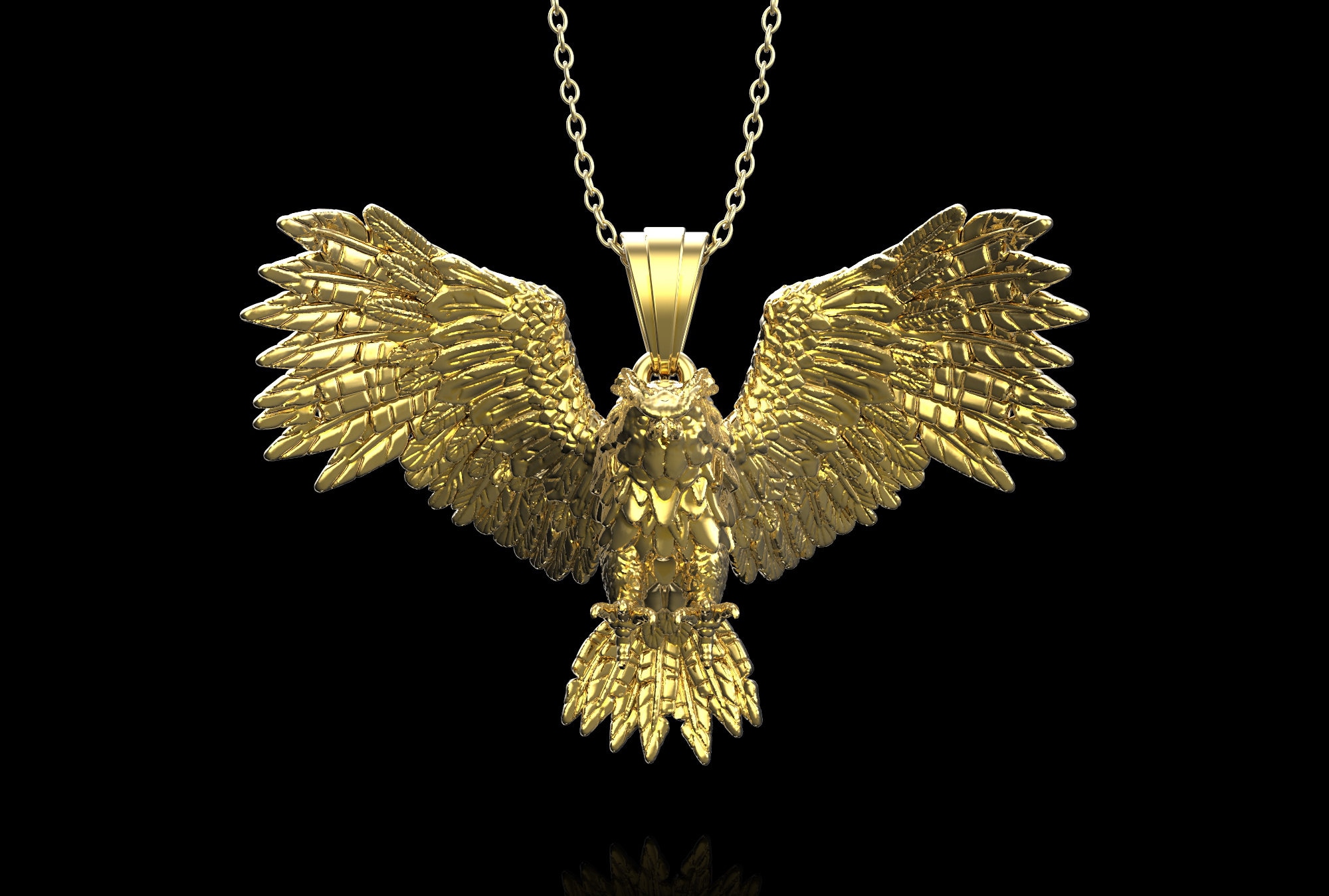 18K Gold Plated 3D Winged Owl Pendant Necklace, Owl Silver Men Jewelry, Owl Charm, Wild Animal Jewel