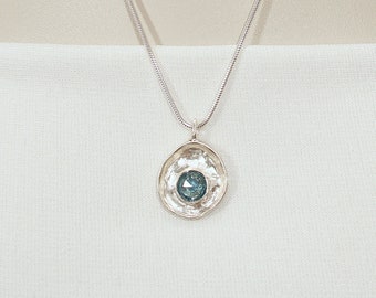 Sterling Silver and Aquamarine CZ Hand Cast Pendant Necklace  1606  FREE SHIPPING