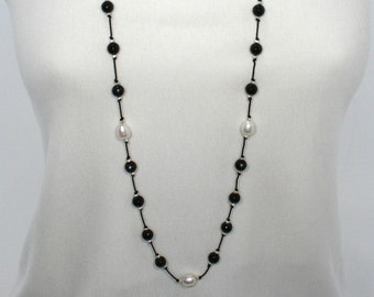 1532 Pearl, Black Onyx and Sterling Silver Necklace, Long Necklace, Station Necklace FREE SHIPPING