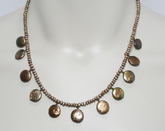 1547 Bronze Coin Pearl Necklace, Casual Pearl Necklace, Button Pearls,  FREE SHIPPING!