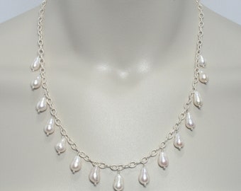 1513   Pearl and Sterling Silver Necklace, White Teardrop Pearls, Delicate  Statement Necklace FREE SHIPPING!