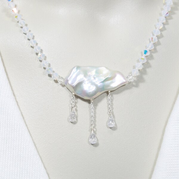 1474  Pearl and Swarovski Crystal and Sterling Silver Necklace, Statement Necklace, Delicate Necklace FREE SHIPPING!