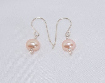 Pearl and Sterling Silver Earrings, Peach Pearl Dangle Earrings, Silver and Pearl Earrings (1622)