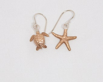 Bronze Turtle & Starfish Earrings, Casual Earrings, Dangle Earrings  (1617)