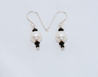 Pearl, Crystal and Sterling Silver Earrings, Black and White, Silver and Pearl Earrings (1627)