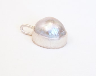 1386  Grey Pearl and Sterling Silver Pendant, Pearl Cabochon, Bold Pearl Pendant FREE SHIPPING