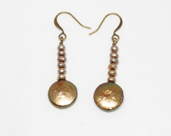 Bronze Coin Pearl Earrings, Bronze Button Pearls, Casual Earrings, Dangle Earrings