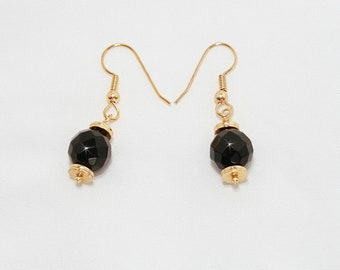 Black Onyx and Gold Earrings, Dangle Earrings, 18K Gold Plate (1626)