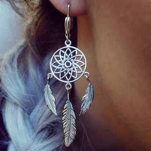 Sterling Silver Dreamcatcher Earrings, dangling feathers, Boho style Earrings,