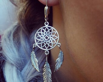 Sterling Silver Dreamcatcher Earrings, dangling feathers, Boho style Earrings,