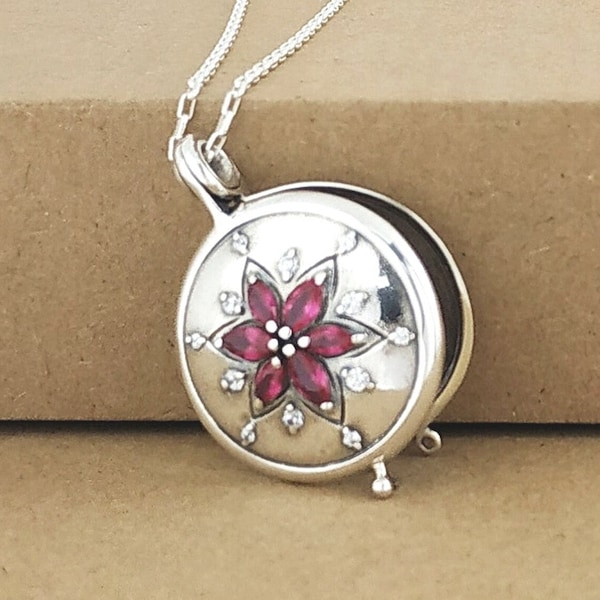 Personalised Locket Necklace Sterling Silver, Ruby Cubic Zirconia, FREE CUSTOM Engraving Pendant, Starry Medallion photo, memorial gift