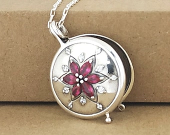 Personalised Locket Necklace Sterling Silver, Ruby Cubic Zirconia, FREE CUSTOM Engraving Pendant, Starry Medallion photo, memorial gift