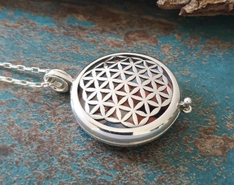 Blume des Lebens Locket Halskette, 925 Sterling silber KOSTENLOS BENUTZERDEFINIERTE Gravur, personalisierte Medaillon, Heilige Geometrie Anhänger