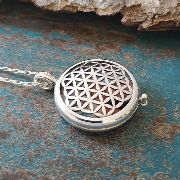 Blume des Lebens Locket Halskette, 925 Sterling silber KOSTENLOS BENUTZERDEFINIERTE Gravur, personalisierte Medaillon, Heilige Geometrie Anhänger