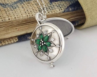 Personalised Locket Necklace Sterling Silver, Green Cubic Zirconia, FREE CUSTOM Engraving Pendant, Starry Medallion photo, memorial gift