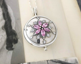 Personalized Sterling Silver Locket Necklace: Pink Cubic Zirconia Star, Engraved Photo Pendant