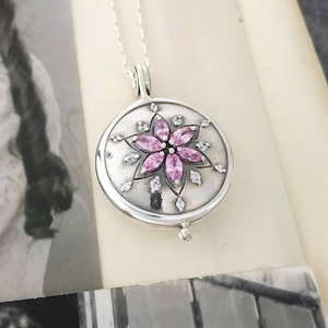 Personalized Sterling Silver Locket Necklace: Pink Cubic Zirconia Star, Engraved Photo Pendant