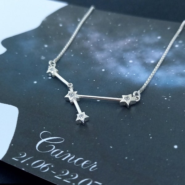 CANCER sign Sterling Silver Constellation Necklace, ZODIAC jewelry,Cubic zirconia, dainty necklace, celestial jewellery, gift for her