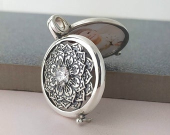Mandala Locket Necklace: Sterling Silver Cubic Zirconia, Custom Engraving