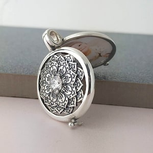 Mandala Locket Necklace, 925 sterling silver cubic zirconia FREE CUSTOM Engraving Personalised Pendant, Medallion photo, memorial necklace,