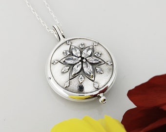 Personalized Sterling Silver Locket Necklace: Cubic Zirconia Star, Engraved Photo Pendant