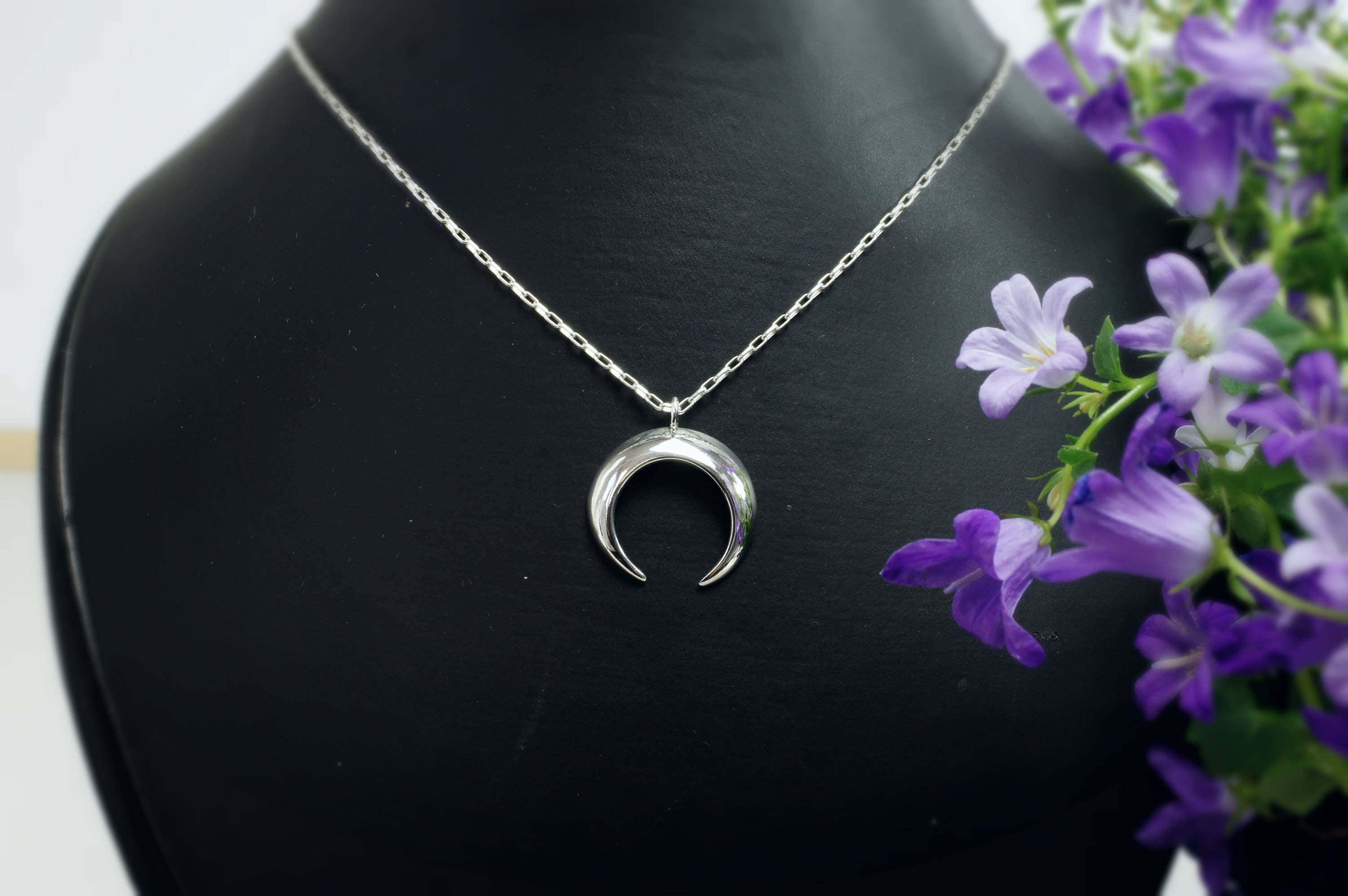 Crescent Moon Necklace Double Horn 925 Sterling Silver - Etsy