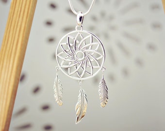 Sterling Silver Dreamcatcher Necklace: Boho Feather Pendant