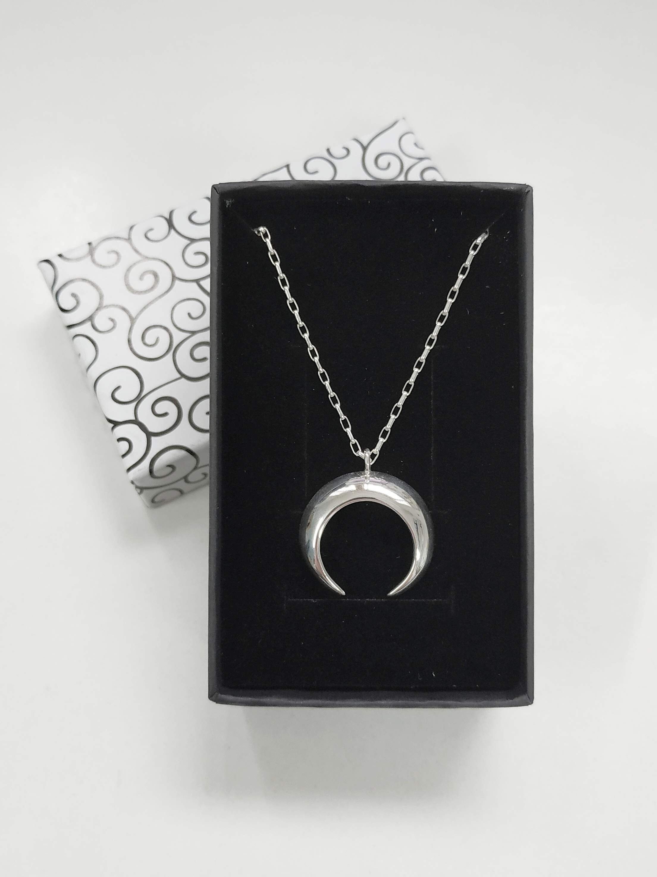Crescent Moon Necklace, Double Horn, 925 Sterling Silver