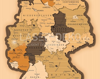 Mapa de Alemania: Descarga digital para cortadores láser, plotters - Mapa detallado multicapa con grabado (vector EPS, PDF, SVG,...)