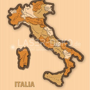 May include: Wooden map of Italy with each region outlined and labeled. The map is in shades of brown and orange, with the word "ITALIA" below. The background is a light brown with vertical lines.