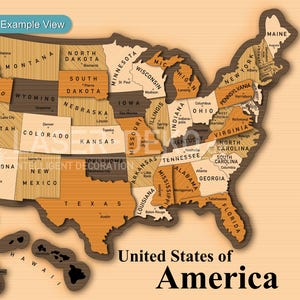 May include: Wooden map of the United States of America, featuring individual states in varying shades of brown and orange. The map includes the names of each state, with the text "United States of America" at the bottom.