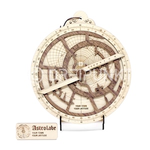 May include: A wooden astrolabe with a compass and a detailed star chart. The astrolabe is on a stand and has the text "Your Town Your Latitude" on the face.