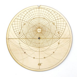 May include: A wooden circle with a grid pattern and Roman numerals. The circle is marked with a center point and the number 48 degrees.