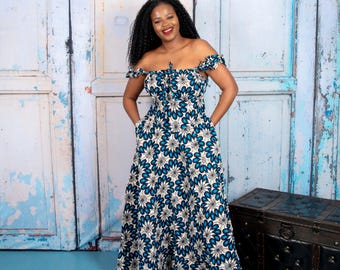 Abito lungo con spalline stampate in stile africano Ranti