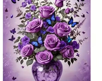 Purple Roses Butterfly Vase Diamond Art Kit: Full Drill Round Craft Canvas