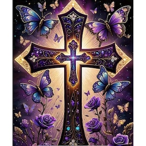 Purple Cross Diamond Art Kit: 5D DIY Religion Decor