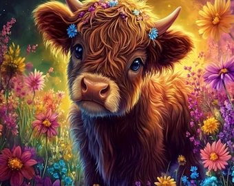 Highland Calf 5D DIY Diamond Art Kit, Full Round Drill 7”x7” Canvas