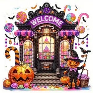 May include: A Halloween-themed candy shop with a sign that says "WELCOME". The shop is decorated with pumpkins, candy canes, and bats. There is a witch with a pumpkin head standing in front of the shop.