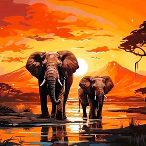 May include: Two elephants stand in a body of water with a sunset in the background. The sky is a vibrant orange and yellow, and the water reflects the colors of the sky. The elephants are brown and have large ears and trunks.